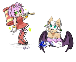 Size: 1100x900 | Tagged: safe, artist:cyberill, amy rose, rouge the bat, amy's halterneck dress, chaos emerald, earring, piko piko hammer
