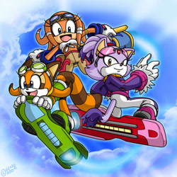 Size: 1000x1000 | Tagged: safe, artist:gen8, blaze the cat, marine the raccoon, tikal, extreme gear, flying, glasses, goggles, sonic riders, trio