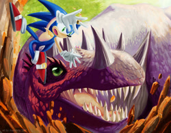 Size: 869x677 | Tagged: safe, artist:may shing, sonic the hedgehog, dinosaur, jumping, sonic and the secret rings