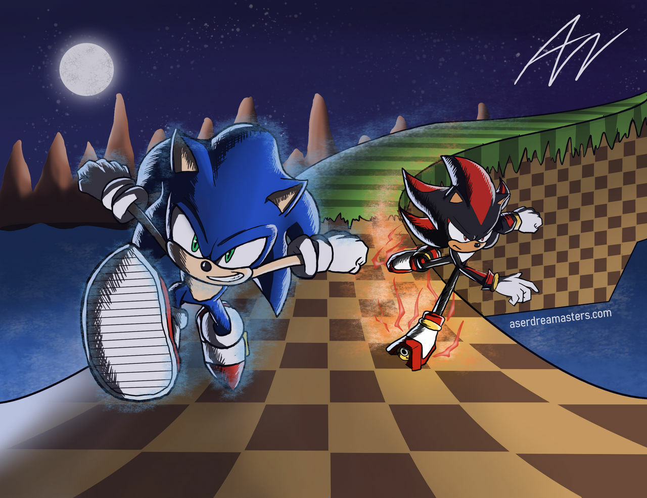 11582 - safe, artist:doodleduds, sonic the hedgehog, hedgehog, abstract  background, darkspine sonic, ear piercing, fire, male, redesign, signature,  solo, standing 