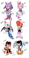 Size: 960x1920 | Tagged: dead source, safe, artist:drawloverlala, amy rose, blaze the cat, charmy bee, cream the rabbit, rouge the bat, sally acorn, amy's halterneck dress, blaze's tailcoat, crossdressing, one fang, outfit swap, rouge's heart top, sally's ringblader outfit