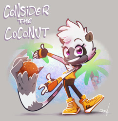Size: 967x1000 | Tagged: safe, artist:vaporotem, coconuts, tangle the lemur, coconut, palm tree, tail hand, tangle's running suit