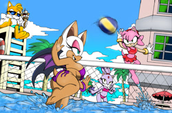 Size: 1254x824 | Tagged: safe, artist:omegasunburst, amy rose, blaze the cat, miles "tails" prower, rouge the bat, bikini, bootyfull rouge, busty rouge, clouds, daytime, ice cream, palm tree, station square, volleyball