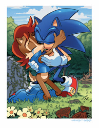 Size: 1024x1326 | Tagged: safe, artist:matt herms, artist:tracy yardley, sally acorn, sonic the hedgehog, clouds, daytime, forest, holding each other, kiss, sonally