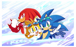 Size: 1024x638 | Tagged: safe, artist:danielasdoodles, knuckles the echidna, miles "tails" prower, sonic the hedgehog, goggles, team sonic