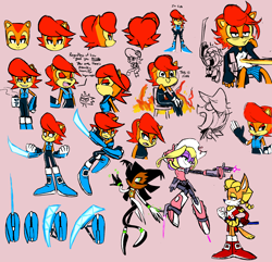 Size: 2400x2312 | Tagged: safe, artist:knockabiller, antoine d'coolette, bunnie rabbot, nicole the hololynx, sally acorn, sonic the hedgehog, coffee, dialogue, fire, redesign, sally's ringblader outfit, sketch page, yelling