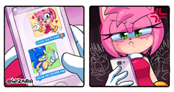 Size: 3000x1600 | Tagged: safe, artist:wizaria, amy rose, sonic the hedgehog, amy x sonic, cellphone, dialogue, shipping, shipping denied, straight