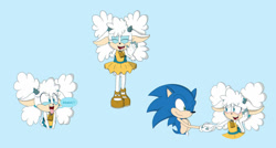 Size: 1280x684 | Tagged: safe, artist:supremekhi, lanolin the sheep, sonic the hedgehog, baa, holding hands, tongue out, waving
