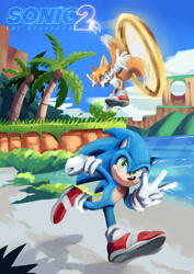 Size: 1280x1810 | Tagged: safe, artist:paulorenato9, miles "tails" prower, sonic the hedgehog, green hill zone, sonic the hedgehog 2 (2022), daytime, loop, palm tree, ring