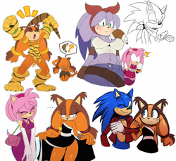 Size: 1280x1172 | Tagged: suggestive, artist:ss2sonic, amy rose, perci the bandicoot, sonic the hedgehog, sticks the badger, boomerang, cham cham, cosplay, little black dress, looking at each other, wild badger outfit