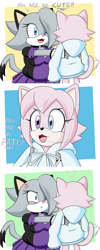 Size: 640x1600 | Tagged: safe, artist:sonicguru, oc, oc:kohane, oc:star the cat, cat, angry, dialogue, heterochromia, hoodie, picking them up, wagging tail, watermark
