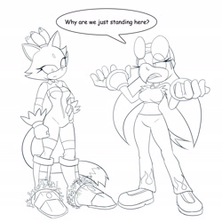 Size: 2449x2449 | Tagged: safe, artist:kojiro-brushard, blaze the cat, wave the swallow, dialogue, partially roboticized
