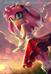 Size: 630x910 | Tagged: safe, artist:ranisa, amy rose, looking at viewer, looking back, sunset