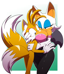 Size: 1040x1200 | Tagged: suggestive, artist:kojiro-brushard, miles "tails" prower, rouge the bat, age difference, between breasts, busty rouge, duo, shipping, straight, tailouge