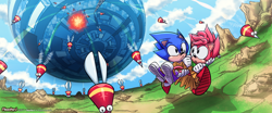Size: 1280x533 | Tagged: safe, artist:filmmakerj, amy rose, sonic the hedgehog, sonic cd, carrying them, daytime, little planet, needlenose