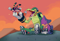 Size: 1280x884 | Tagged: safe, artist:sonicwind-01, charmy bee, espio the chameleon, vector the crocodile, sunset, team chaotix