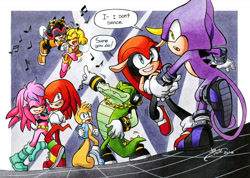 Size: 2256x1606 | Tagged: safe, artist:finikart, charmy bee, espio the chameleon, julie-su, knuckles the echidna, mighty the armadillo, ray the flying squirrel, saffron bee, vector the crocodile, dancing, dialogue, featured image