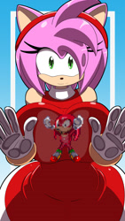 Size: 1350x2400 | Tagged: suggestive, artist:kojiro-brushard, amy rose, knuckles the echidna, between breasts, busty amy, duo, glass, huge breasts, knuxamy, pixel art, shipping