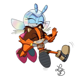 Size: 1024x1016 | Tagged: safe, artist:kitsuoi, jewel the beetle, sticks the badger, carrying them, duo, flapping wings, flying, signature, wild badger outfit