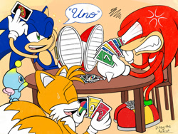 Size: 1280x960 | Tagged: safe, artist:ditzytheartist, knuckles the echidna, miles "tails" prower, sonic the hedgehog, chao, card, dialogue, uno