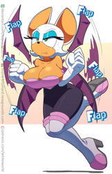 Size: 1024x1577 | Tagged: safe, artist:kojiro-brushard, rouge the bat, busty rouge, huge breasts, rapid wing flapping, rouge is not amused, solo, unamused