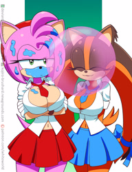 Size: 1227x1600 | Tagged: safe, artist:kojiro-brushard, amy rose, sticks the badger, amy is not amused, bubblegum, busty amy, busty sticks, duo, schoolgirl outfit, unamused