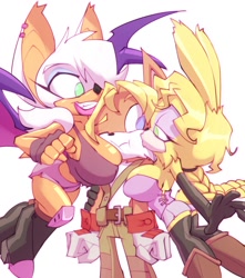 Size: 1134x1280 | Tagged: suggestive, artist:bigdad, antoine d'coolette, bunnie rabbot, rouge the bat, antouge, between breasts, buntoine, busty bunnie, busty rouge, kiss, love triangle, shipping, straight