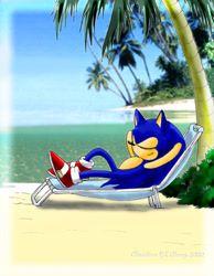 Size: 550x709 | Tagged: safe, artist:may shing, sonic the hedgehog, beach, lounging, palm tree