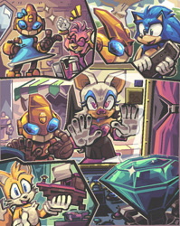 Size: 1280x1610 | Tagged: safe, artist:pikminion, emerl, miles "tails" prower, rouge the bat, sonic the hedgehog, sonic battle, amy's halterneck dress, chaos emerald, skateboard