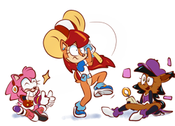 Size: 1024x732 | Tagged: safe, artist:blehmaster7, amy rose, nicole the hololynx, sally acorn, bottomless, featureless crotch, hammer, laughing, shoes, spread legs