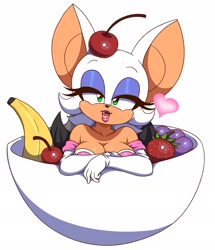 Size: 2563x2983 | Tagged: safe, artist:simmsy, rouge the bat, banana, cherry, grapes, looking at viewer, one fang, strawberry