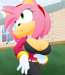 Size: 1103x1280 | Tagged: suggestive, artist:slickhedge, amy rose, busty amy, unzipping, whistle