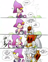 Size: 1736x2244 | Tagged: safe, artist:finikart, espio the chameleon, silver the hedgehog, dialogue, espio has a bad time, invisible, mask