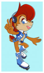 Size: 1280x2089 | Tagged: safe, artist:hearttheglaceon, sally acorn, headphones, rollerblades, skating, v-sign