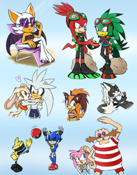 Size: 1052x1334 | Tagged: safe, artist:biko97, amy rose, cream the rabbit, cubot, infinite the jackal, jet the hawk, knuckles the echidna, metal sonic, orbot, rouge the bat, silver the hedgehog, sticks the badger, beach, heart glasses, ice cream, sketch page, swimsuit