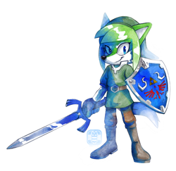 Size: 688x670 | Tagged: safe, artist:finimun, link (loz), mobianified, shield, solo, sword