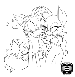 Size: 1200x1237 | Tagged: safe, artist:finimun, miles "tails" prower, rouge the bat, flirting, rouge's heart top, straight, tailouge