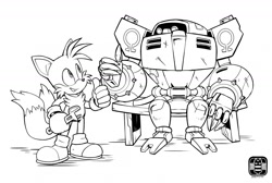 Size: 1280x860 | Tagged: safe, artist:finimun, e-123 omega, miles "tails" prower, duo, monochrome, robot, sitting, thumbs up, wrench
