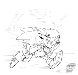 Size: 1200x1157 | Tagged: safe, artist:finimun, nicole the handheld, sally acorn, sonic the hedgehog, carrying them, running, singing
