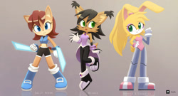 Size: 1280x689 | Tagged: safe, artist:howxu, bunnie rabbot, nicole the hololynx, sally acorn, sally's ringblader outfit