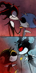 Size: 500x1004 | Tagged: safe, artist:atlas-white, mephiles the dark, metal sonic, shadow the hedgehog, shard the metal, black sclera, featured image, looking at each other