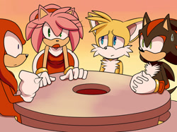Size: 1280x955 | Tagged: safe, artist:rosyd00dles, amy rose, knuckles the echidna, miles "tails" prower, shadow the hedgehog, alternate eye color, among us, group, table