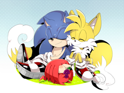 Size: 1200x900 | Tagged: safe, artist:unichrome-uni, knuckles the echidna, miles "tails" prower, sonic the hedgehog, featured image, grapes