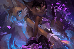 Size: 1200x800 | Tagged: safe, artist:juliathedragoncat, miles "tails" prower, nicole the hololynx, digital static, nighttime, ring