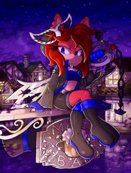 Size: 1280x1693 | Tagged: safe, artist:cnwgraphis, oc, oc:miriam, boots, building, cityscape, featured image, frown, holding something, keyblade, lidded eyes, looking down, nighttime, outdoors, reflection, sitting, solo, star (sky), water