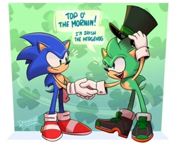 Size: 1280x1059 | Tagged: safe, artist:jacksepticeyefan3160, irish the hedgehog, sonic the hedgehog, hedgehog, dialogue, featured image, four leaf clover, looking at each other, shaking hands