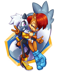 Size: 1280x1534 | Tagged: safe, artist:jamo_art, artist:jamoart, sally acorn, tangle the lemur, females only, holding each other, looking at each other, thumbs up, v sign