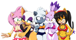 Size: 3347x1792 | Tagged: safe, artist:scittykitty, amy rose, blaze the cat, honey the cat, rouge the bat, tangle the lemur, blushing, females only, swimsuit, winking