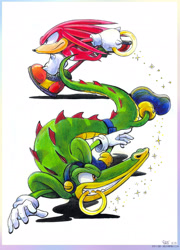 Size: 2078x2885 | Tagged: safe, artist:liris-san, knuckles the echidna, vector the crocodile, knuckles chaotix, duo, mouth hold, ring, ring power