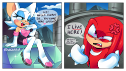 Size: 3050x1733 | Tagged: safe, artist:wizaria, knuckles the echidna, rouge the bat, dialogue, master emerald